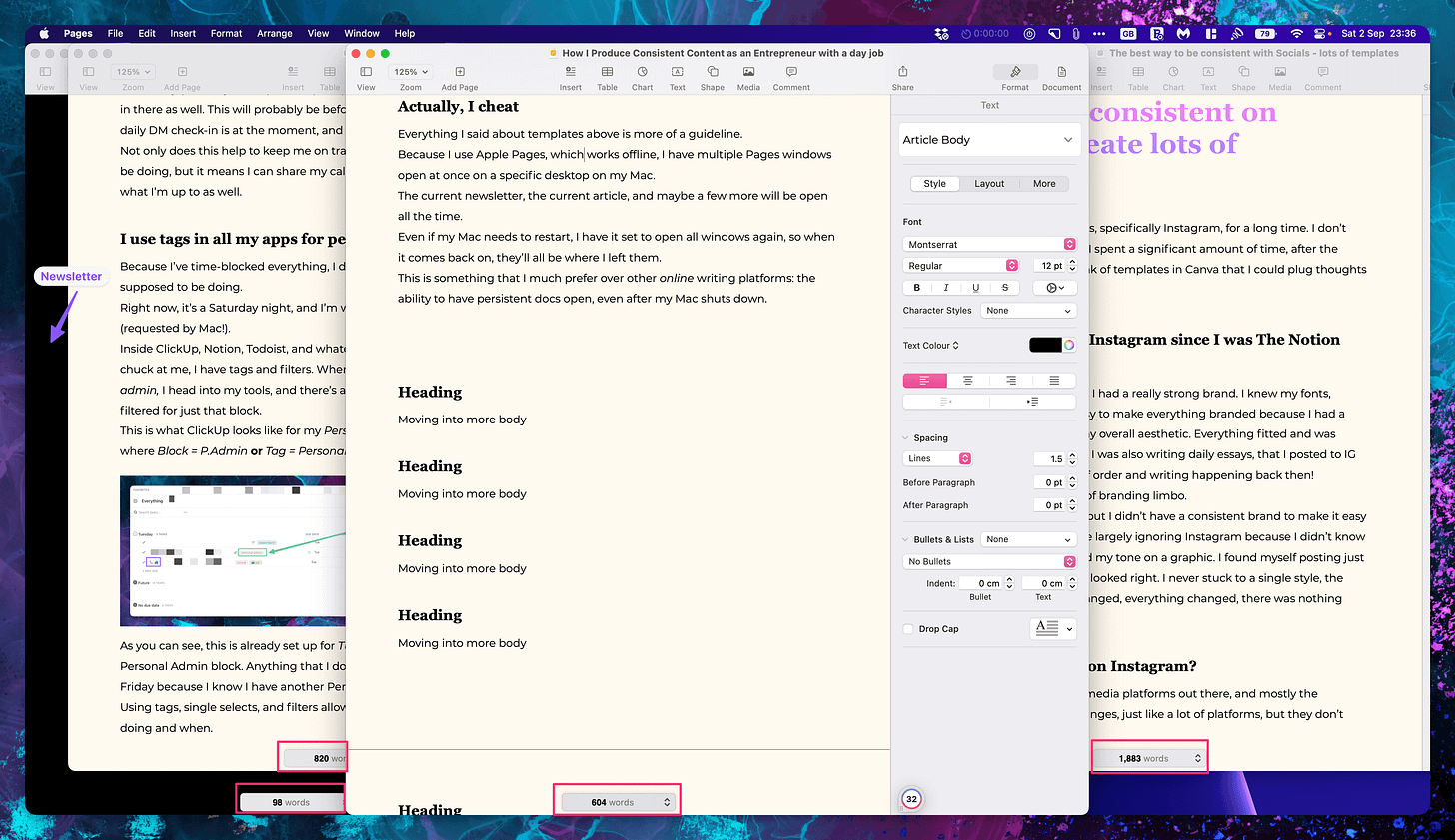 Screenshot of an Apple desktop with 4 pages documents open, 3 articles and 1 newsletter