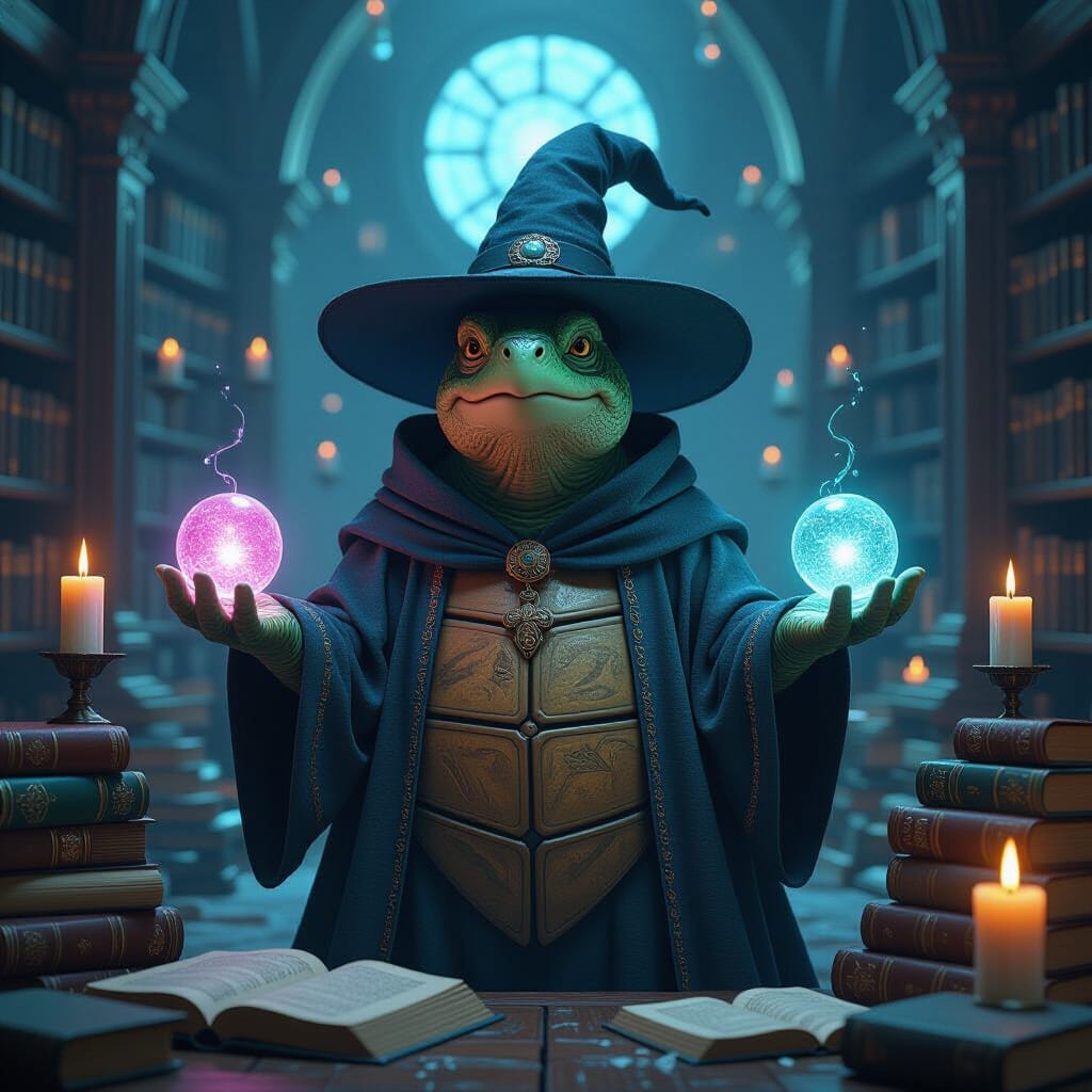 a turtle wizard with a pink and a green crystal ball in a library lit with candles