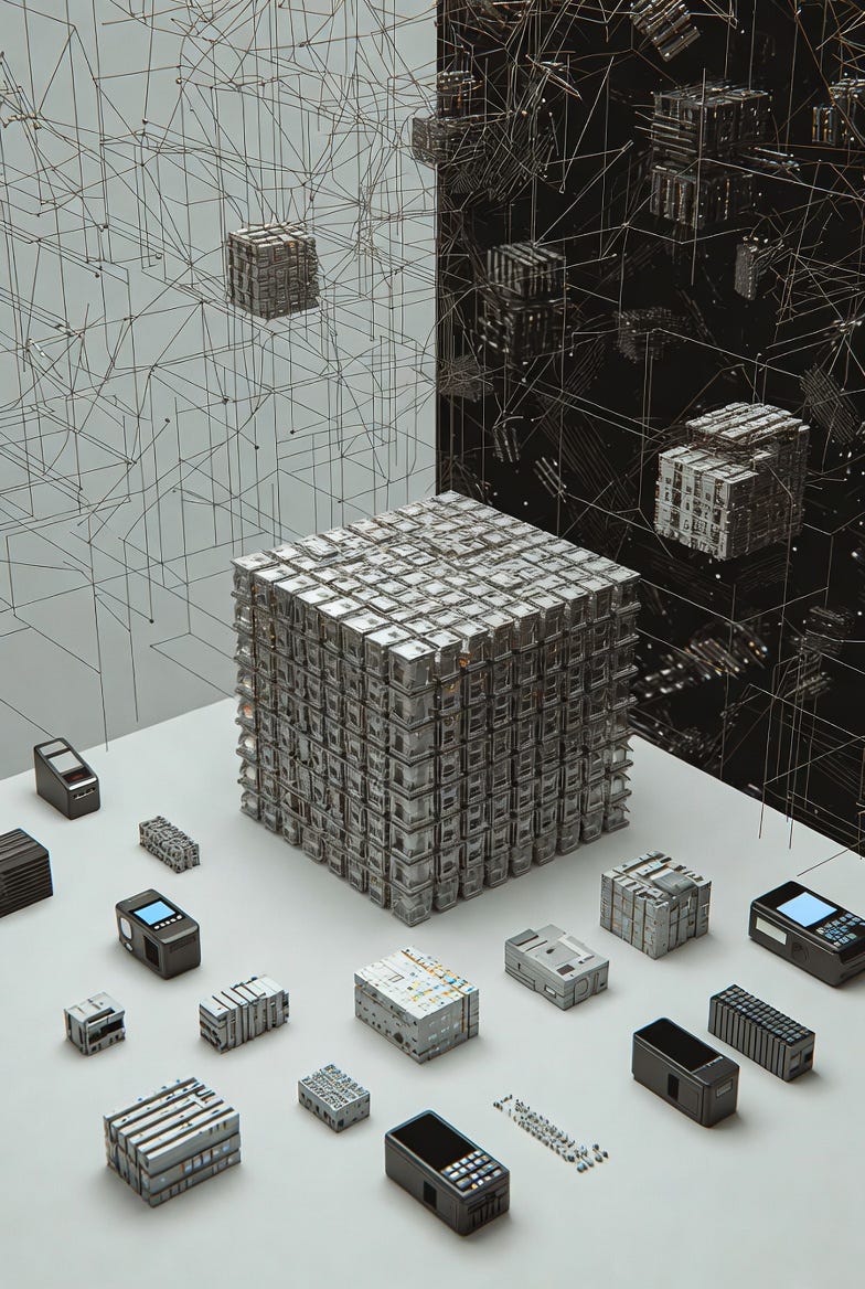 A conceptual photograph of 'The Standardizer' with a metallic structure and network, symbolizing standardization and risk.
