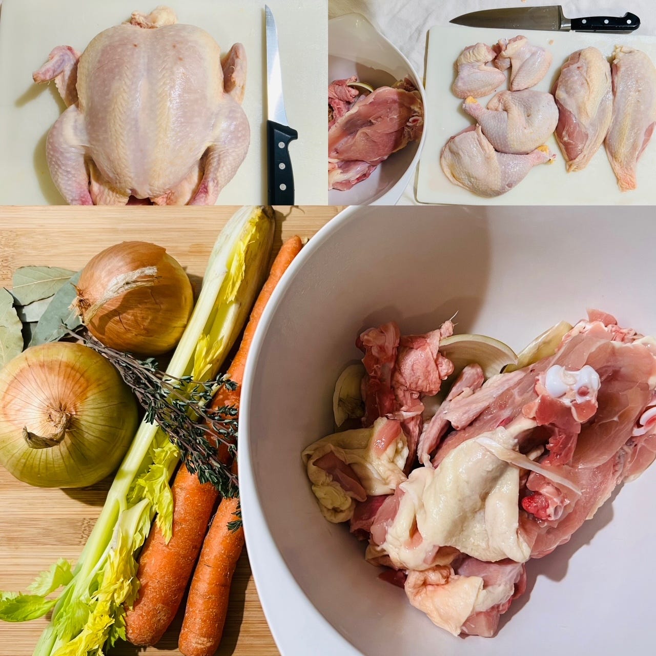 whole chicken butchered to make chicken stock