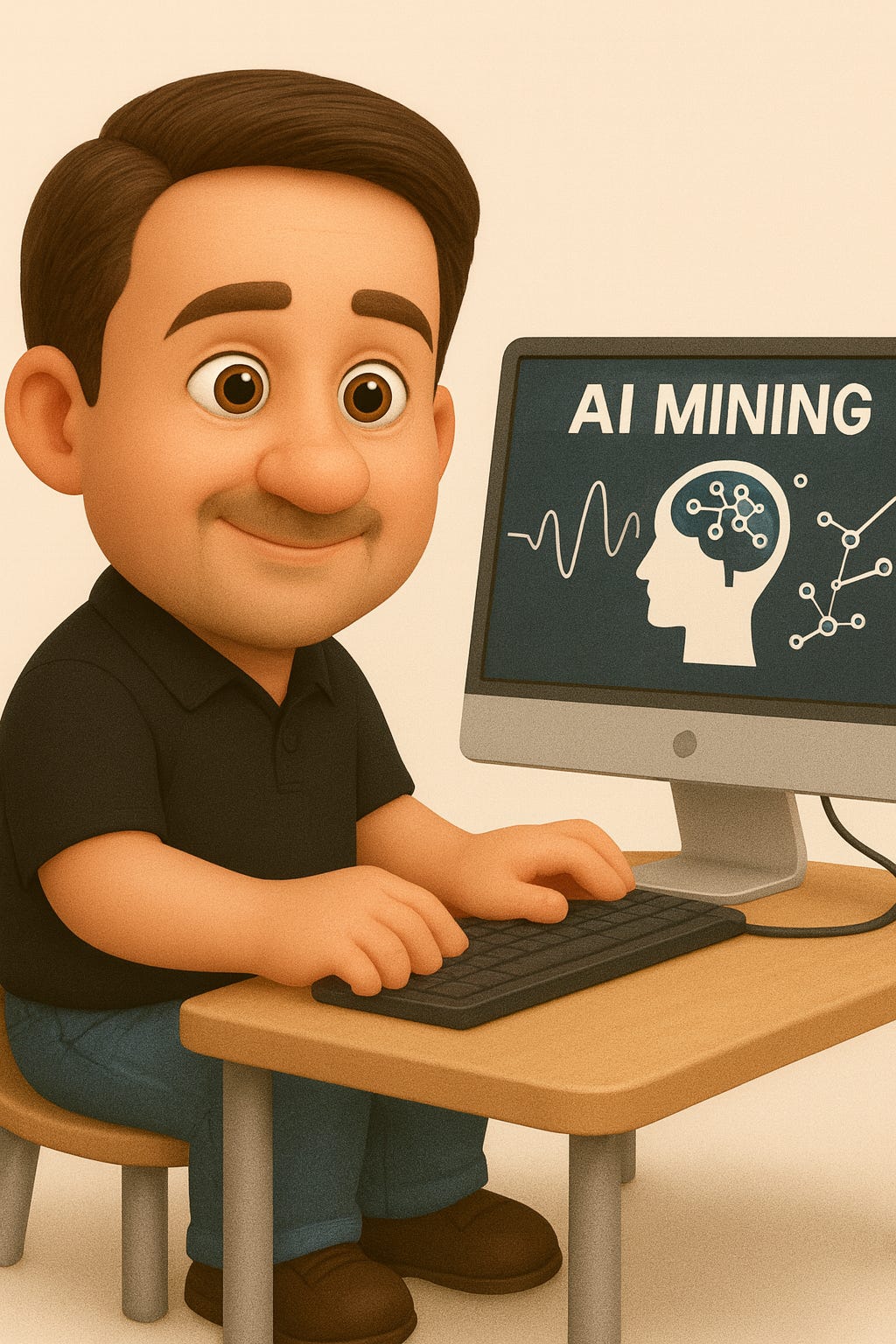 Finn Tropy cartoon character using AI to mine subscriber data on a computer screen, representing deep analytics for Substack creators