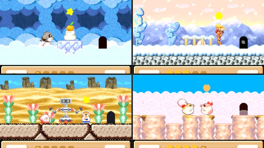 Four game scenes featuring colorful landscapes: snowy with characters and a snowman, snowy with a person jumping, desert with a robot, pink clouds with two birds.