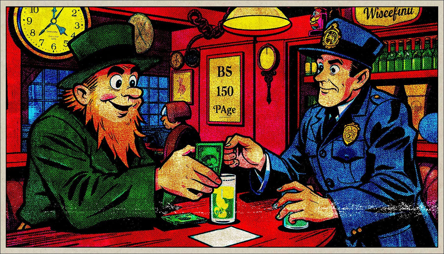 Policeman exchanges money with leprechaun
