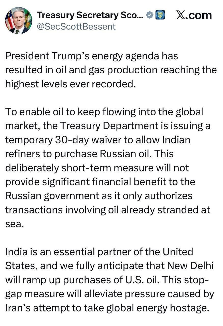 A screenshot of a tweet from US Treasury Secretary Scott Bessent on energy policy, including information on oil and gas production and a temporary exemption for Indian refineries to buy Russian oil.