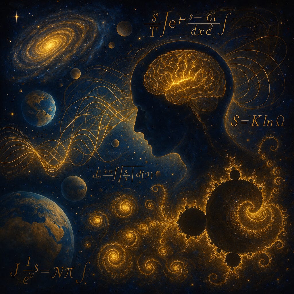 A luminous human silhouette with a glowing golden brain is surrounded by galaxies, planets, fractal spirals, and mathematical equations. Threads of energy weave between the cosmos and mind, symbolising the unity of consciousness, entropy, and universal intelligence.
