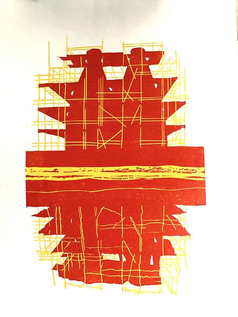 1. warm mid-brown picking out the kiln and platforms. 2. mid grey over the light. 3. magenta over yellow producing bright red. On each there's a stripe through the centre of the wall in front of the kilns, which splits the image vertically in half.