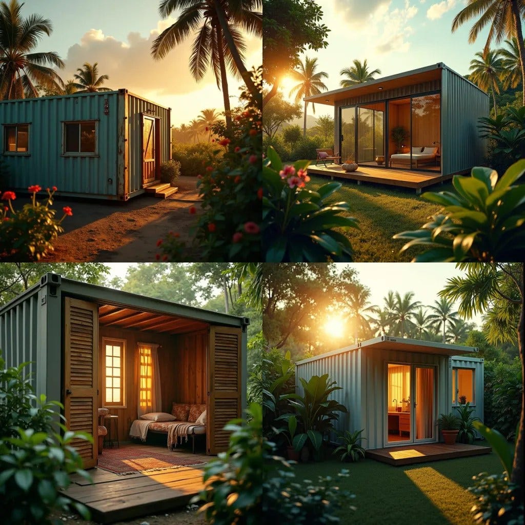 ozy one-bedroom container home nestled in a lush Jamaican landscape, surrounded by vibrant tropical foliage, warm golden light casting a serene ambiance