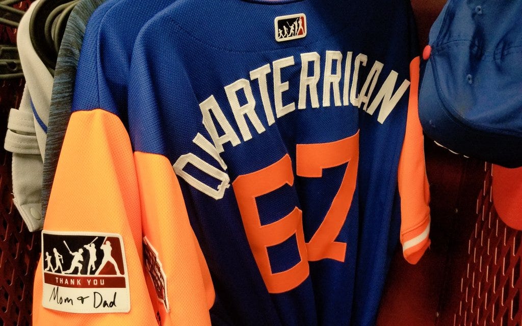 Anthony DiComo على X: "The Mets' Little League Classic uniforms feature  their Players Weekend nicknames -- Seth Lugo's is "Quarterrican" in homage  to his Puerto Rican heritage -- and patches honoring those