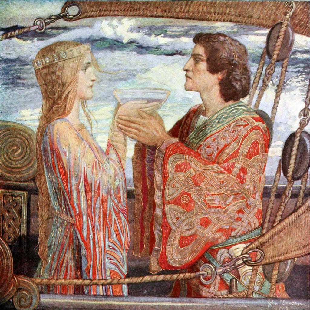 Ireland's mythical love story sees Tristan and Isolde drinking love potion. John Duncan, Tristan and Isolde, 1912, City Art Center, Edinburgh, Scotland. 