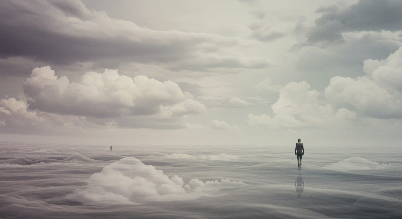 A dark figure stands in the foreground against a cloudy, grey-ish sky. Another long grey figure stands apart, distant; both faceless. A dark figure stands in the foreground against a cloudy, grey-ish sky. Another long grey figure stands apart, distant; both faceless.