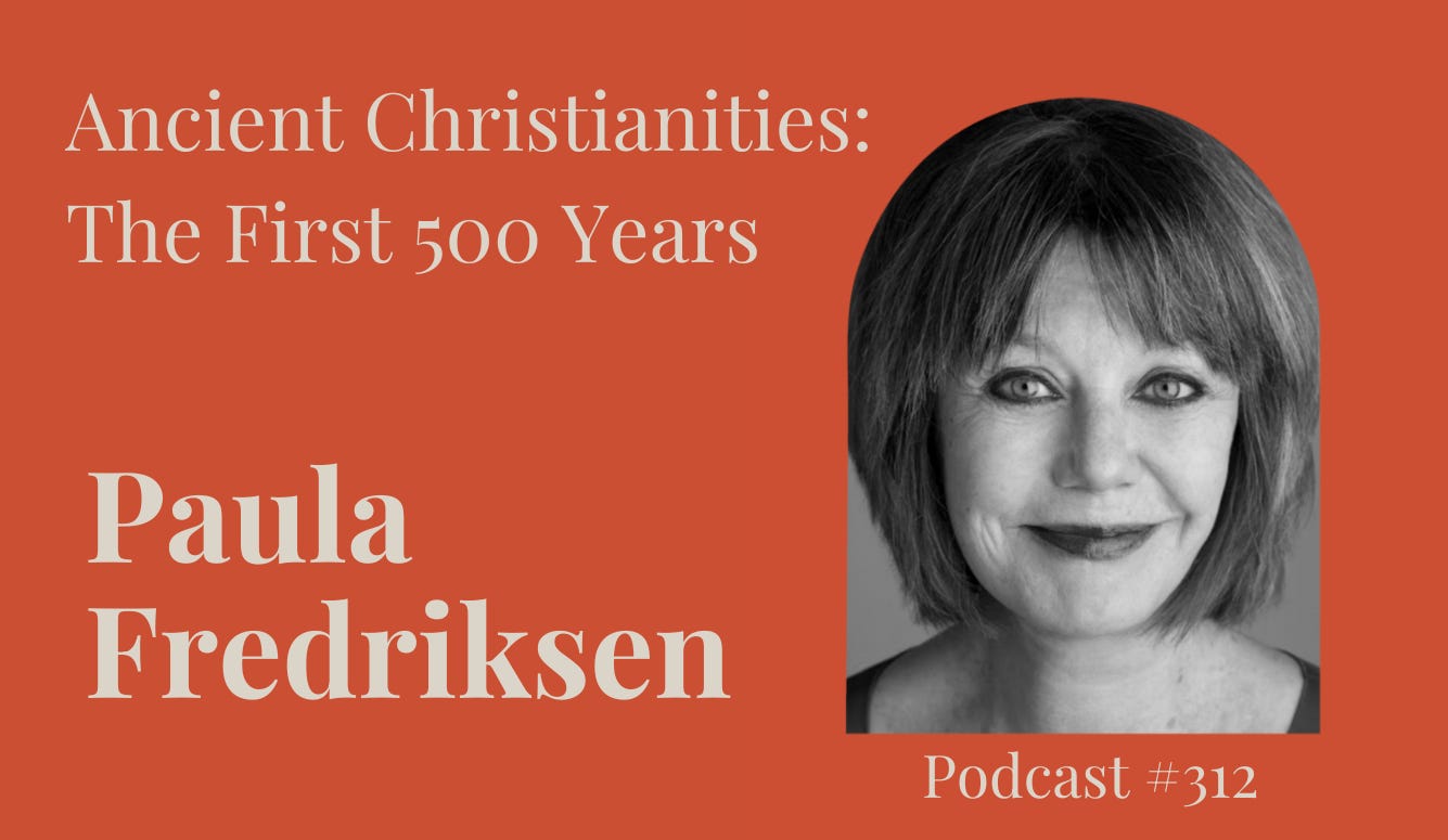 Black-and-white headshot of an older woman with short layered hair beside text on an Ancient Christianities podcast.