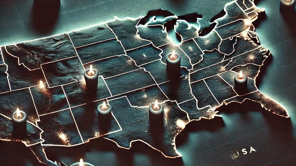 A dark and brooding map of the United States with a handful of candles dotted around it.