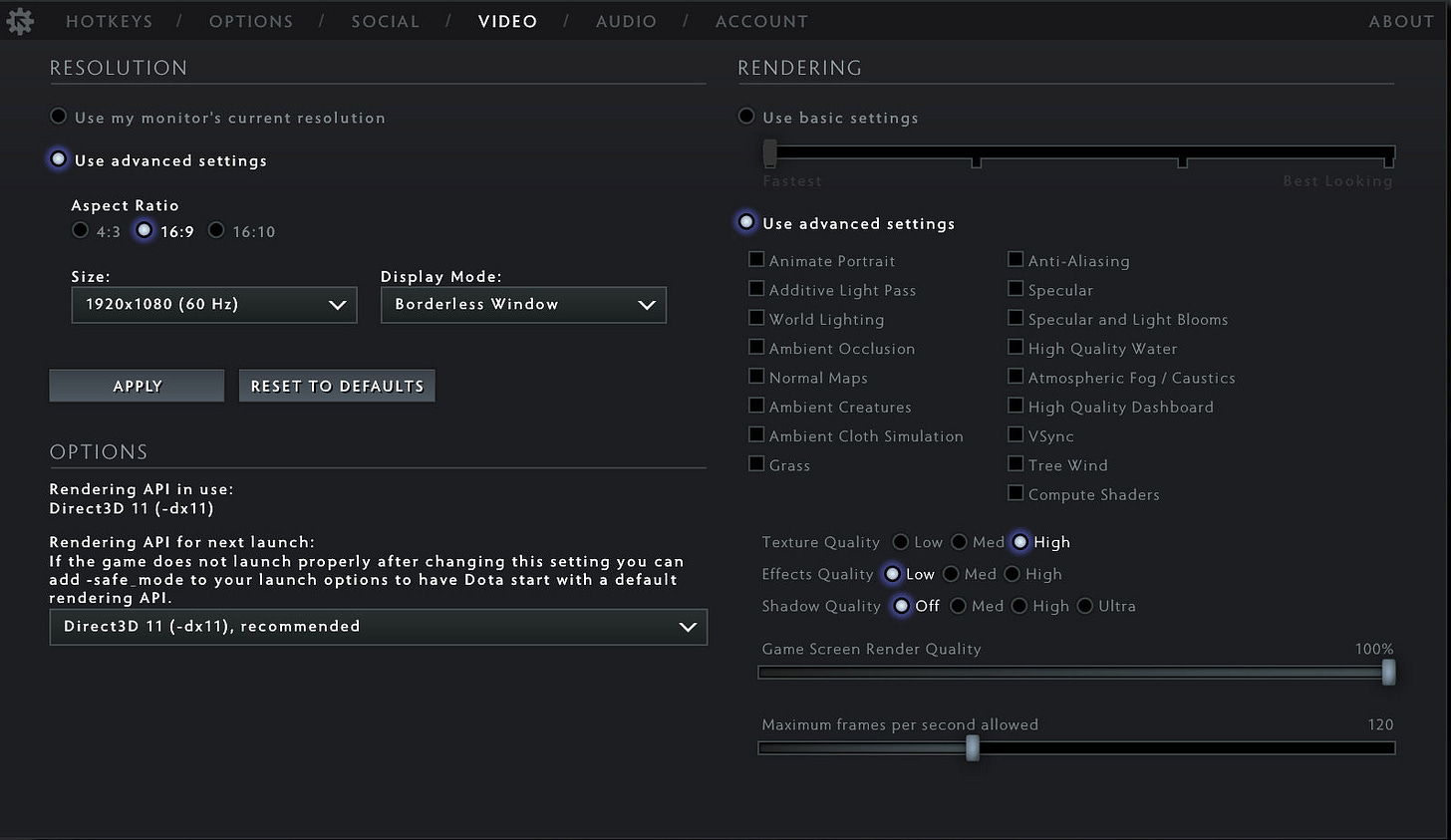 Dota 2 settings interface Dota 2 settings interface