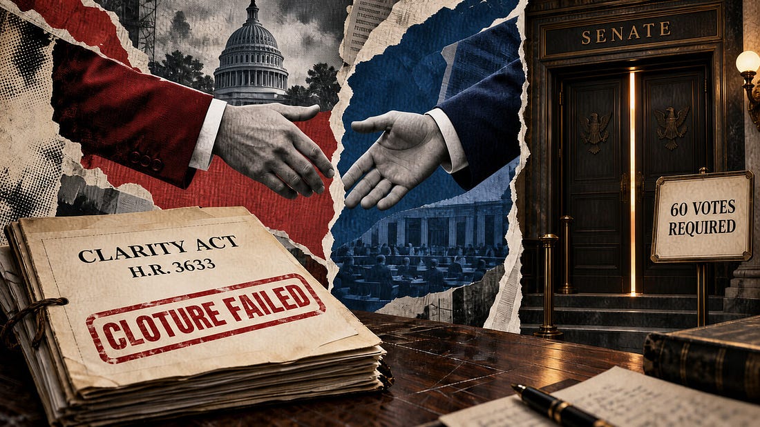 CLARITY Act dossier stamped Cloture Failed beside closed Senate doors and a 60 Votes Required sign.