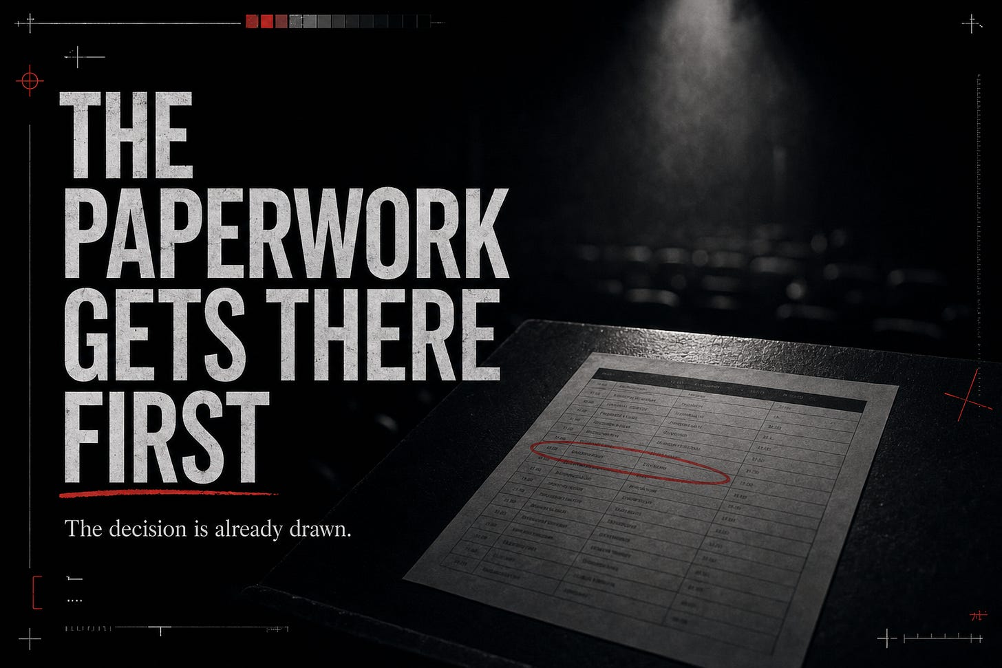 The Paperwork Gets There First — a printed programme on a lectern under a stage spotlight, one row circled in red The Paperwork Gets There First — a printed programme on a lectern under a stage spotlight, one row circled in red