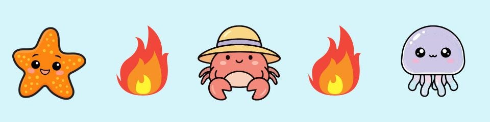 Bandeau bleu ciel sur lequel on voit trois petites créatures marines souriantes: une étoile de mer, une méduse et un petit crabe avec un chapeau avec des flammes entre elles.