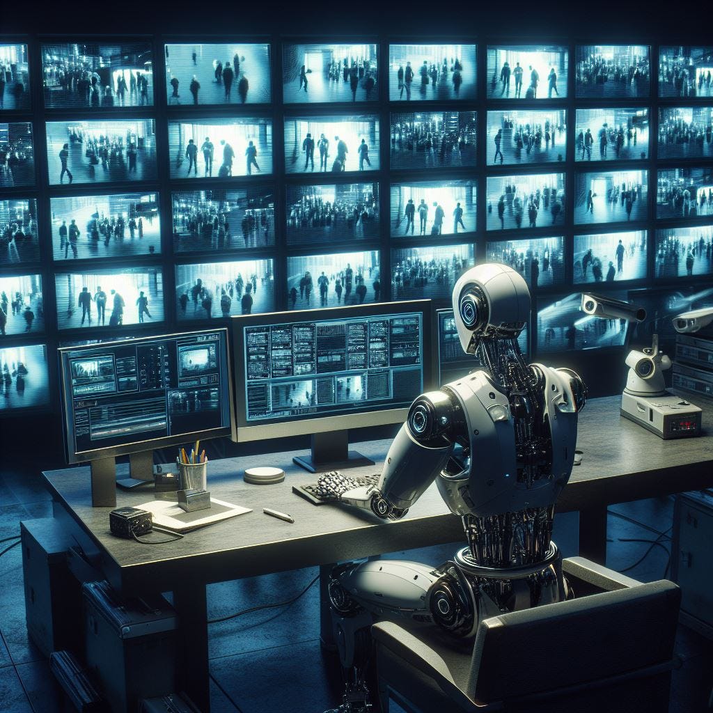 Robot monitoring people in a surveillance room full of monitors