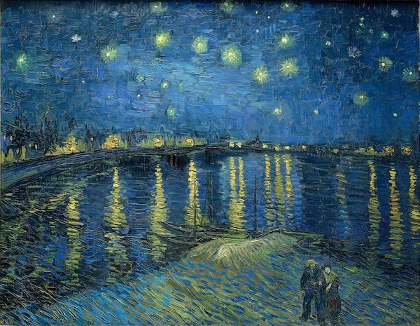 Van Gogh Starry Night on the Rhone done in intense blues for the river and sky with yellows for the stars and gas lights Van Gogh Starry Night on the Rhone done in intense blues for the river and sky with yellows for the stars and gas lights