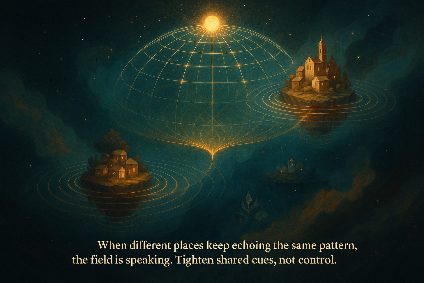 Surreal night-sky scene showing several floating villages, each sending out golden ripple rings. Above them hangs a glowing lattice sphere connected to the villages by a single luminous root, suggesting they are all linked by one shared field.