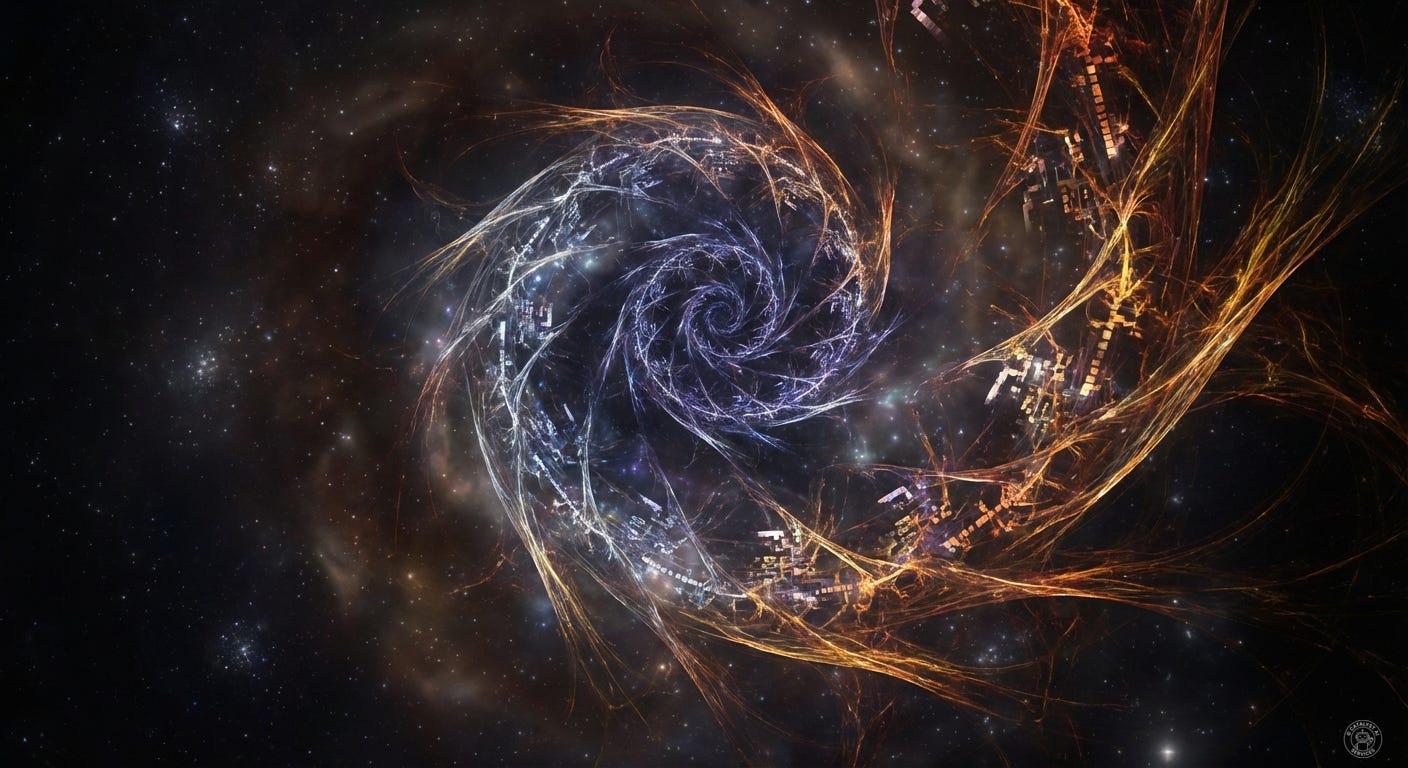 Abstract recursive spiral of emergence: luminous code fragments orbiting a central vortex, each loop generating the next, warm amber and cool blue tones, representing software that writes itself through evolutionary iteration Abstract recursive spiral of emergence: luminous code fragments orbiting a central vortex, each loop generating the next, warm amber and cool blue tones, representing software that writes itself through evolutionary iteration
