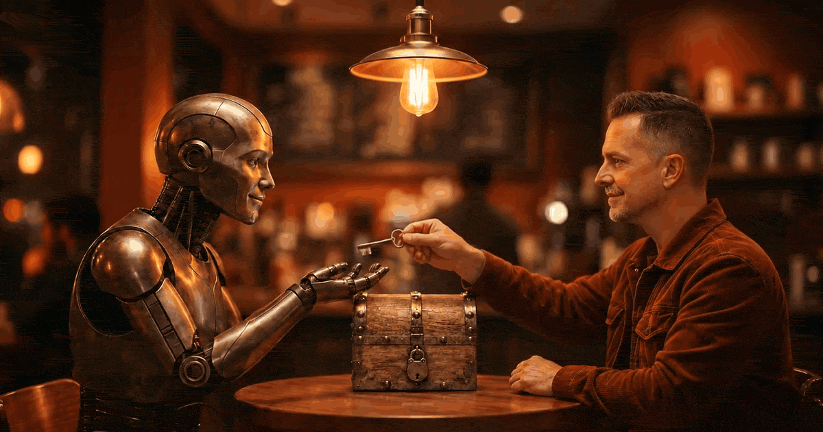 Animated: at a warm café table, I hand a bronze robot a small golden key. It tucks my locked wooden chest under one arm, puts the other around my shoulders, and we walk out into the evening together.