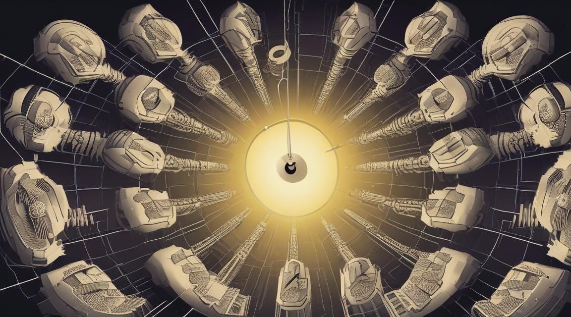 strange wand-like mechanisms pointing at an eye