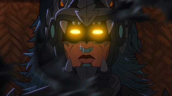 Batman Helmet Glow Alt text: Aztec Batman with glowing yellow eyes in his armored helmet, surrounded by smoke in Aztec Batman: Clash of Empires.