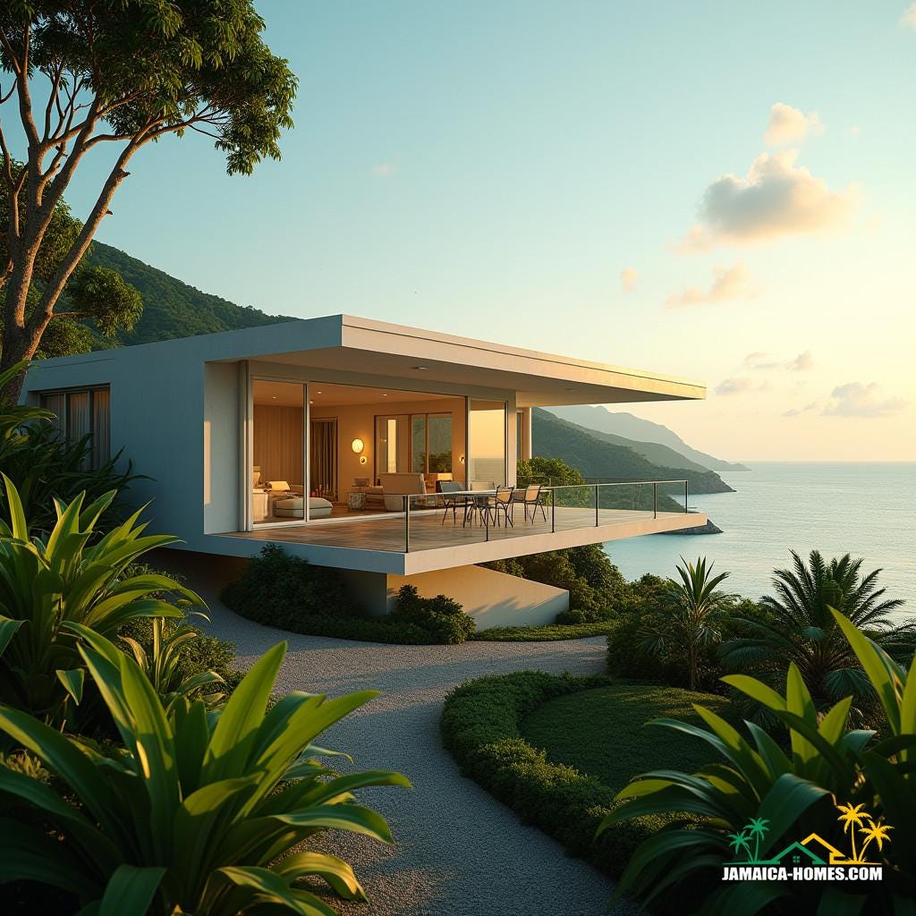 Luxurious modern prefab modular home nestled in the lush hills of Jamaica, Caribbean, surrounded by vibrant tropical foliage and overlooking a turquoise ocean bay. Soft, warm light of a Caribbean sunset casts a golden glow on the sleek, minimalist architecture, accentuating the clean lines and geometric shapes of the modular design. Luxurious modern prefab modular home nestled in the lush hills of Jamaica, Caribbean, surrounded by vibrant tropical foliage and overlooking a turquoise ocean bay. Soft, warm light of a Caribbean sunset casts a golden glow on the sleek, minimalist architecture, accentuating the clean lines and geometric shapes of the modular design.