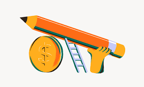A pencil being held up by currency, a ladder, and a hand. A pencil being held up by currency, a ladder, and a hand.