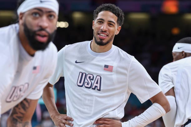 NcLILLE, FRANCE Tyrese Haliburton of Team USA warms up before the Men's Group Phase - Group C match between Serbia and USA on Day 2 of the Olympic...
