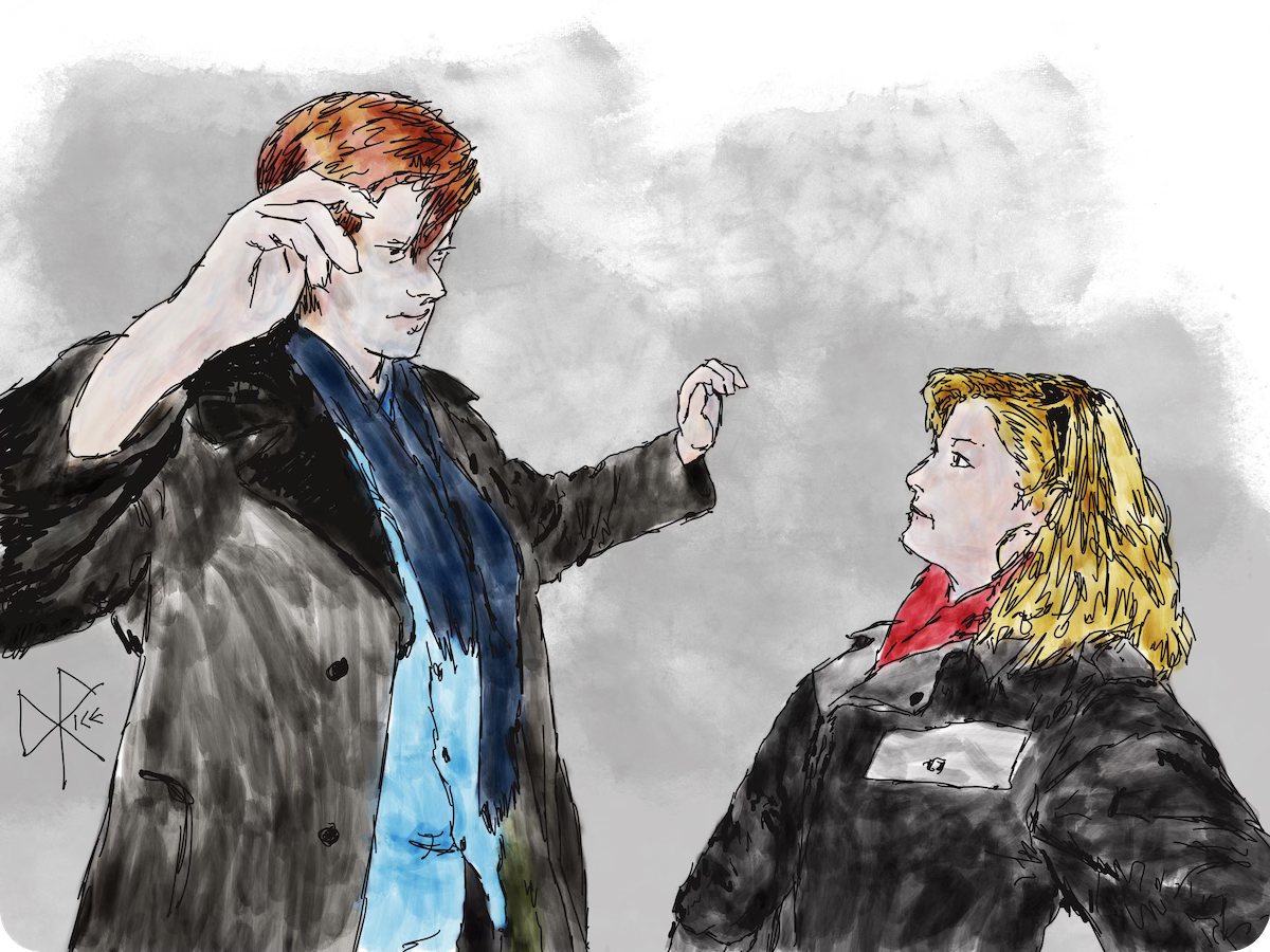 A man in a peacoat and scarf, arms raised for emphasis, telling a story to a blonde woman in a black leather jacket. Sketch art by Don Rice.