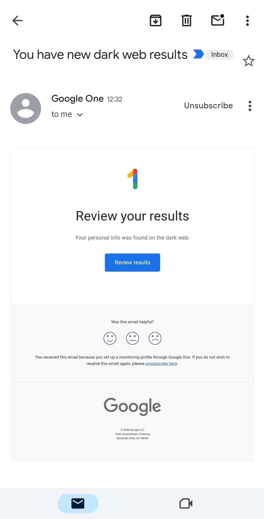 Screenshot of an email notification saying that I have a new dark web result. My personal info was found.