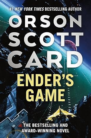 Front cover of the science fiction novel "Ender's Game" by Orson Scott Card. The cover features a dramatic space setting with a massive, dark orbital space station, a bright green-blue planet curve in the background, and a sharp yellow starfighter flying in the foreground. The author's name is printed in large white block letters at the top, and the title is displayed in a bold, pale yellow font across the center.