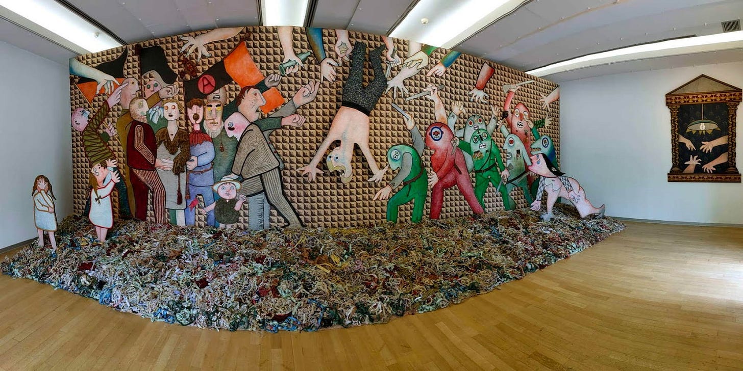 L'installazione de I funerali dell'anarchico Pinelli di Enrico Baj