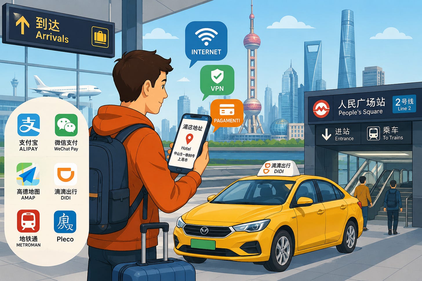 Illustrazione di un turista appena arrivato in un aeroporto cinese mentre usa smartphone, metro e taxi in una grande città moderna della Cina. Illustrazione di un turista appena arrivato in un aeroporto cinese mentre usa smartphone, metro e taxi in una grande città moderna della Cina.