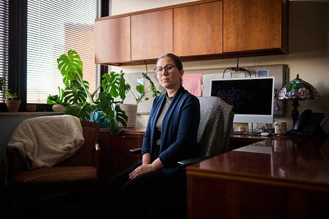 LEFT TO RIGHT: Performer Alex Feldman (Pat Greenhouse); Unnamed girl with books, circa 1970s (Adam Mastroianni’s dad); SFF author Gene Wolfe (professional headshot); fine-artist/illustrator Karla Ortiz*; Veronika the cow (her owner); psychiatrist Julie Sheffield (William DeShazer/NYT) *Courtesy of Artist