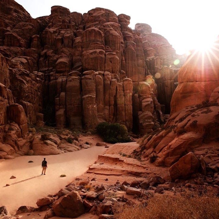 a person standing in a canyon surrounded by rocks