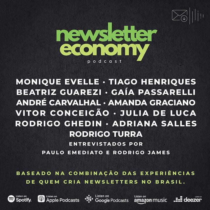 dois cartazes de divulgação do podcast Newsletter Economy, o primeiro com a lista dos dez nomes dos creators convidados, e o segundo com destaque para Beatriz da Bits to Brands, com seu nome e o da newsletter e uma foto sua sorrindo, em preto e branco.