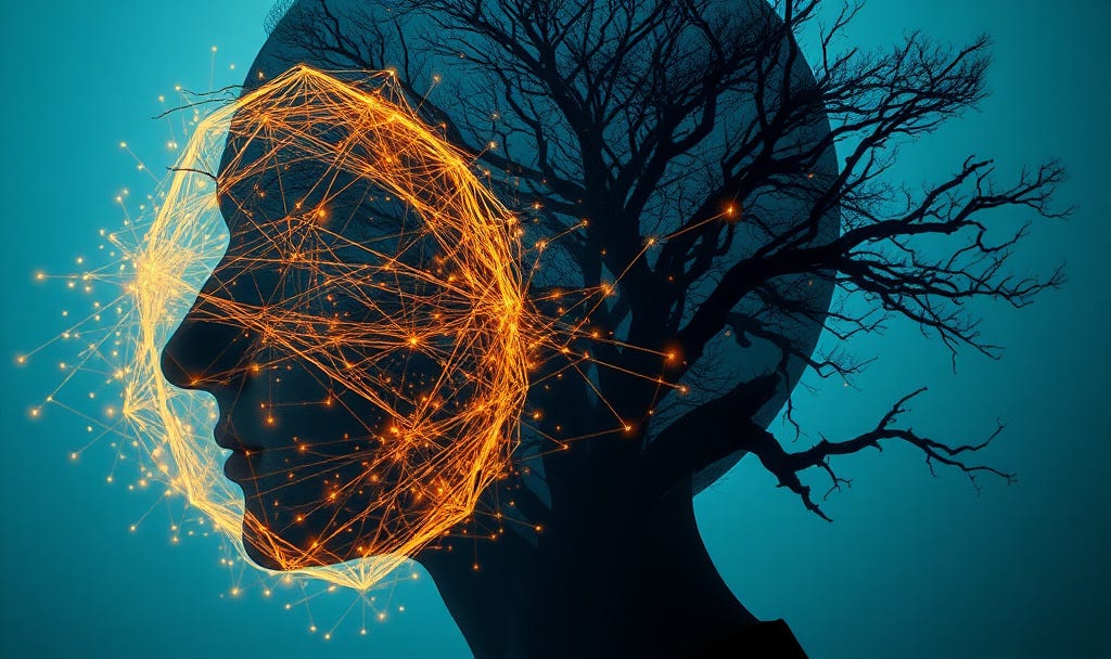 A conceptual artistic overlay showing a glowing golden network of light surrounding a human silhouette and skeletal tree branches. This visualizes the 'Mind Precedes Matter' theory, suggesting consciousness is a non-local field that endures beyond physical cognitive decline. A conceptual artistic overlay showing a glowing golden network of light surrounding a human silhouette and skeletal tree branches. This visualizes the 'Mind Precedes Matter' theory, suggesting consciousness is a non-local field that endures beyond physical cognitive decline.