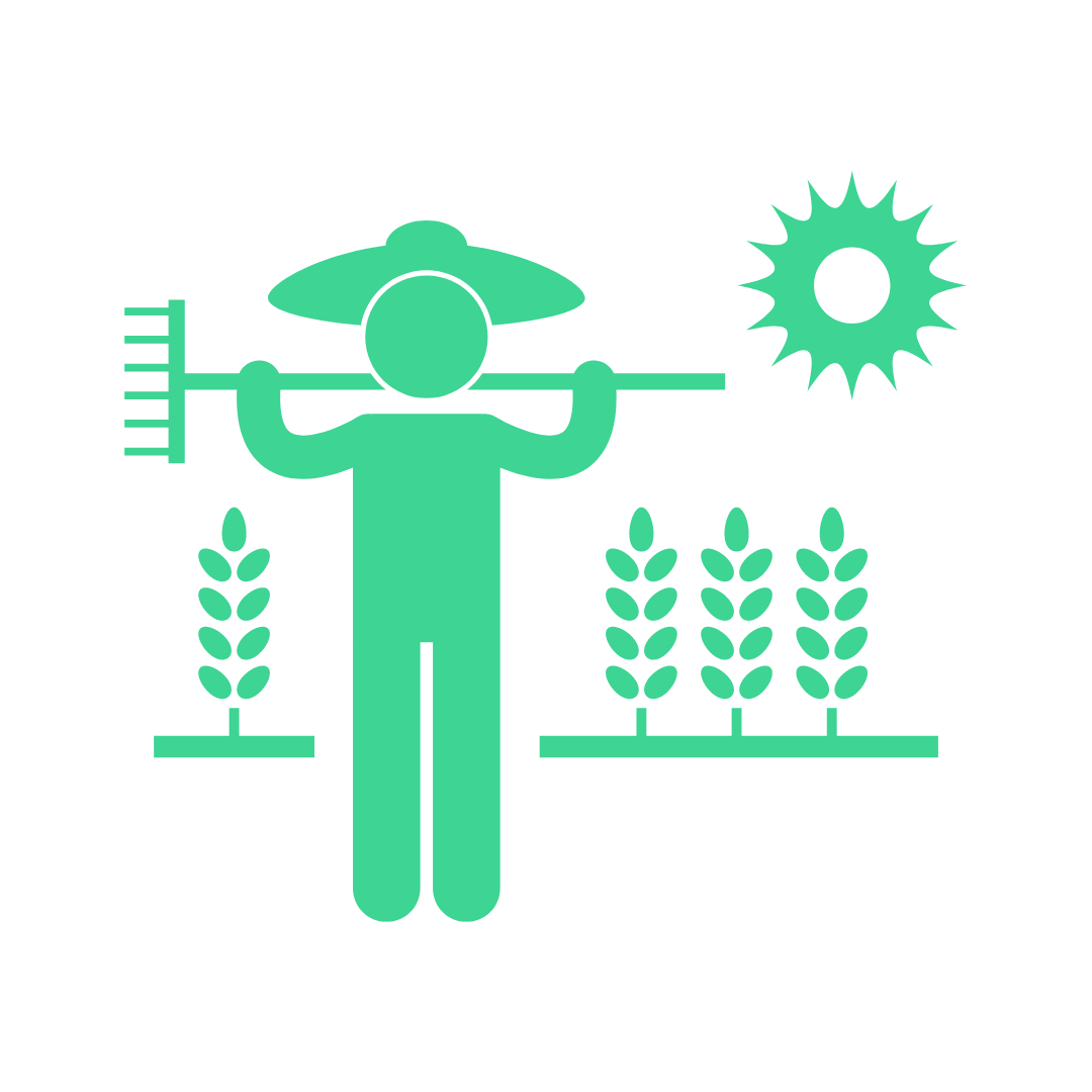 farmer cartoon with corn, sunlight and a rake