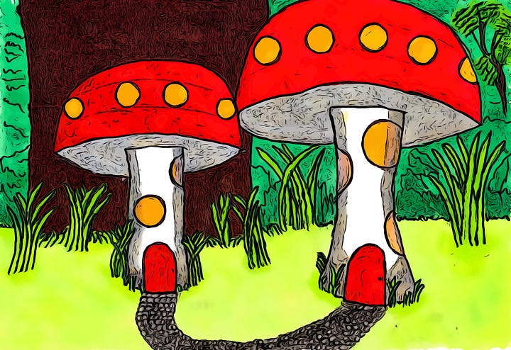 Twin Mushroom house located in a forest.