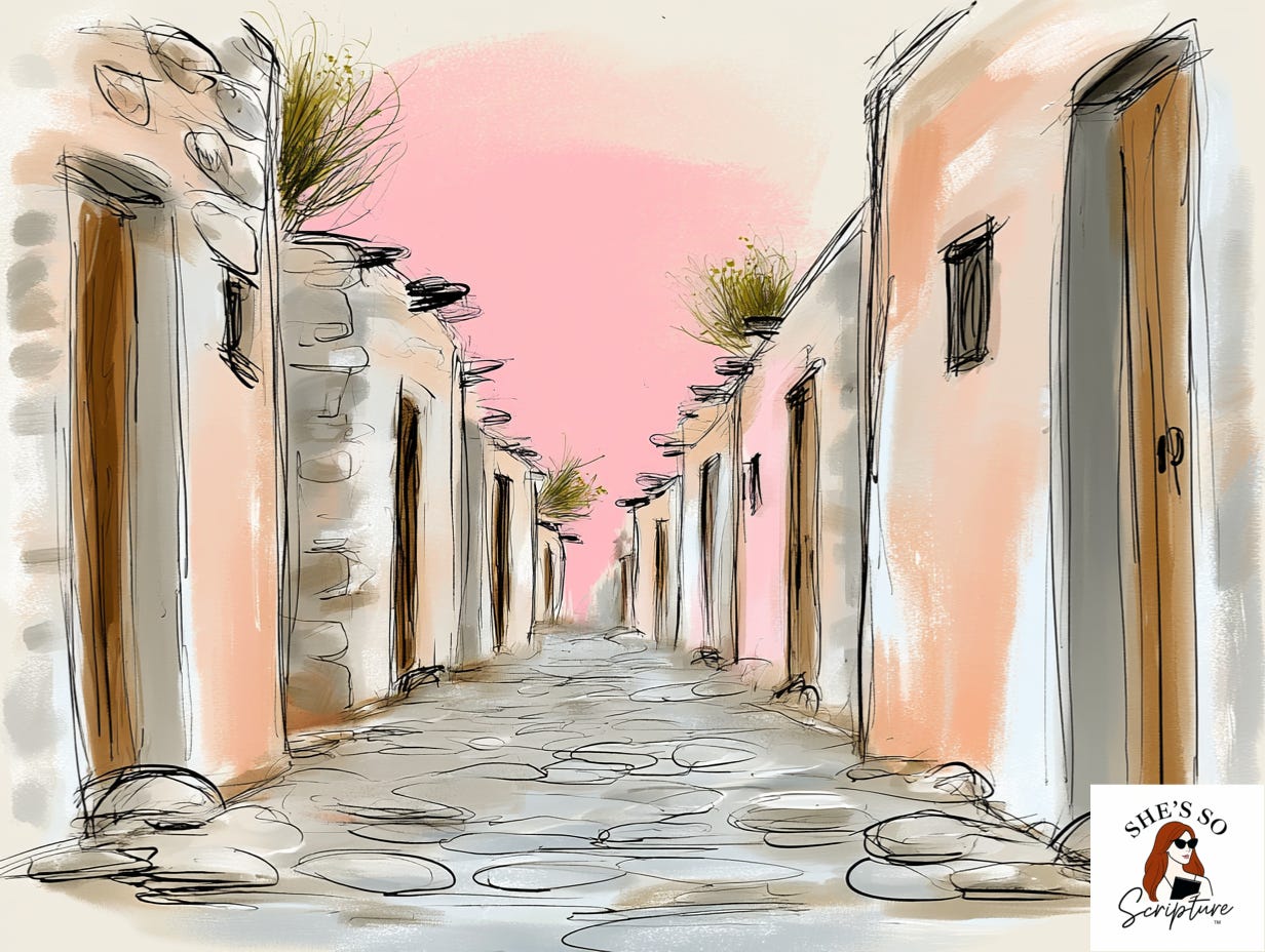 Illustrated first-century Galilean village street with stone homes and warm morning light in blush pink and cream watercolor tones