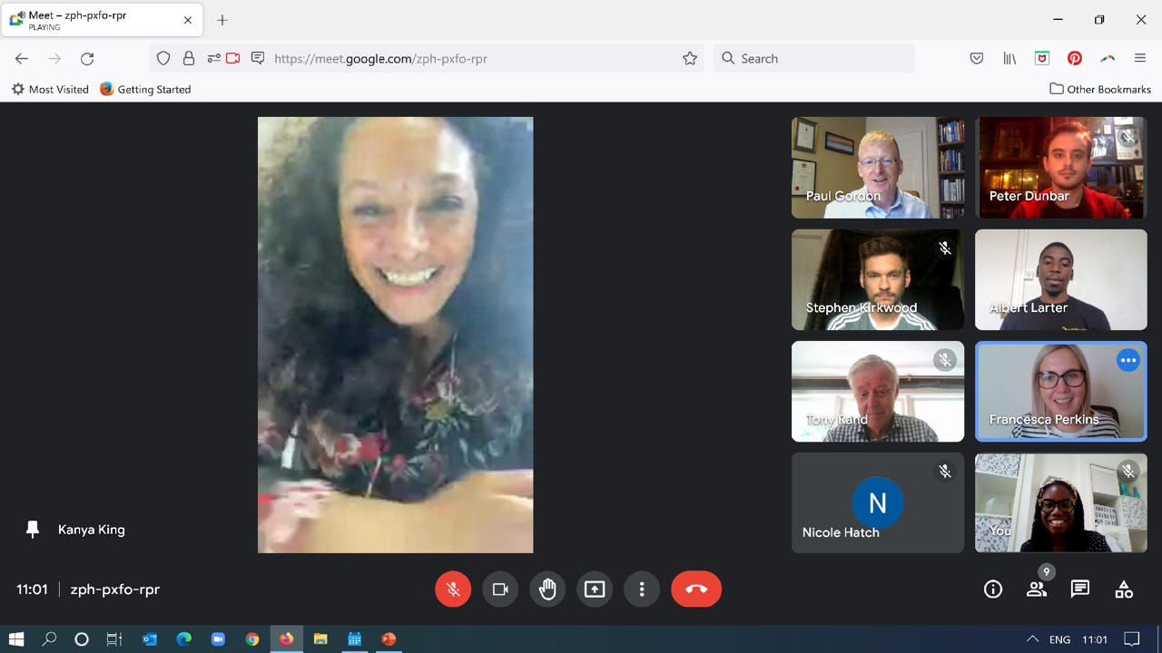 Screenshot of a group mentoring session on Zoom featuring Kanya King. You can see Collette smiling in a small box on the bottom right. 