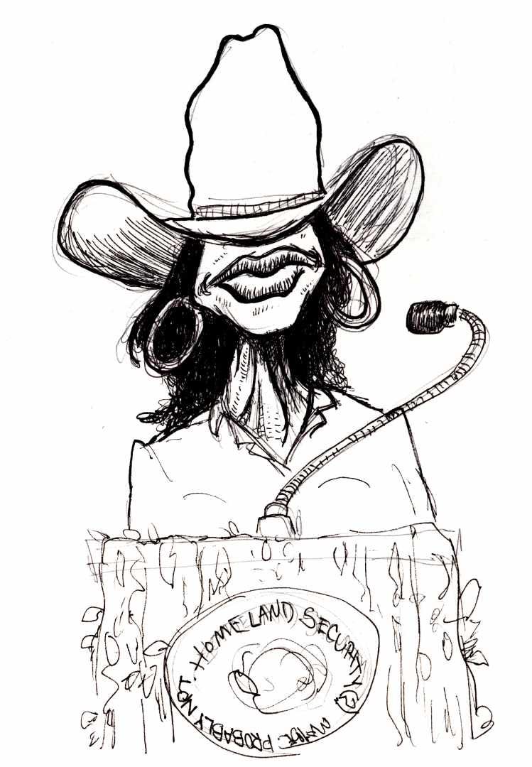 Ink sketch of Kristi Noem as mostly cowboy hat.