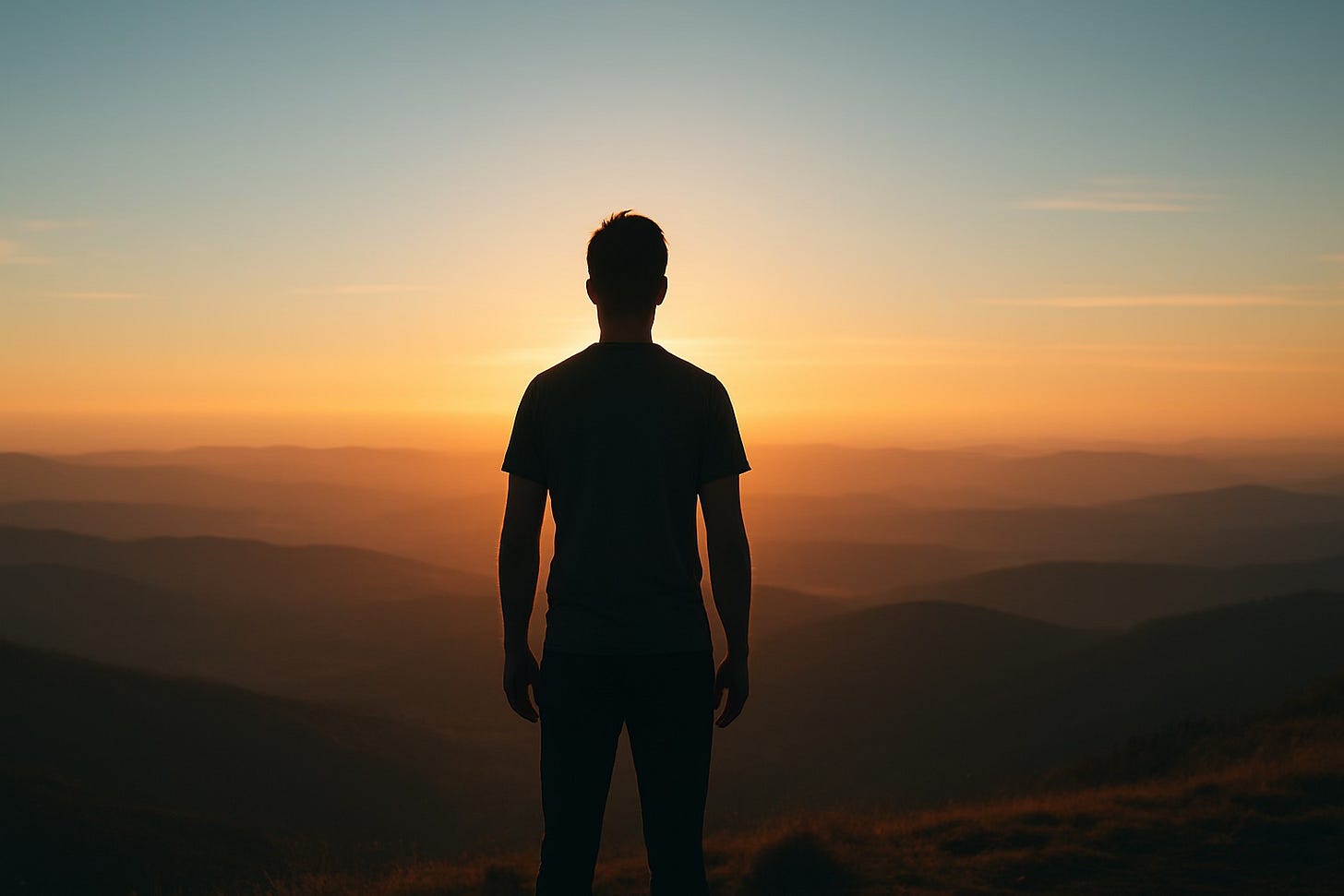 Person standing at mountain overlook at sunrise, looking at vast landscape ahead with golden hour lighting and clear sky