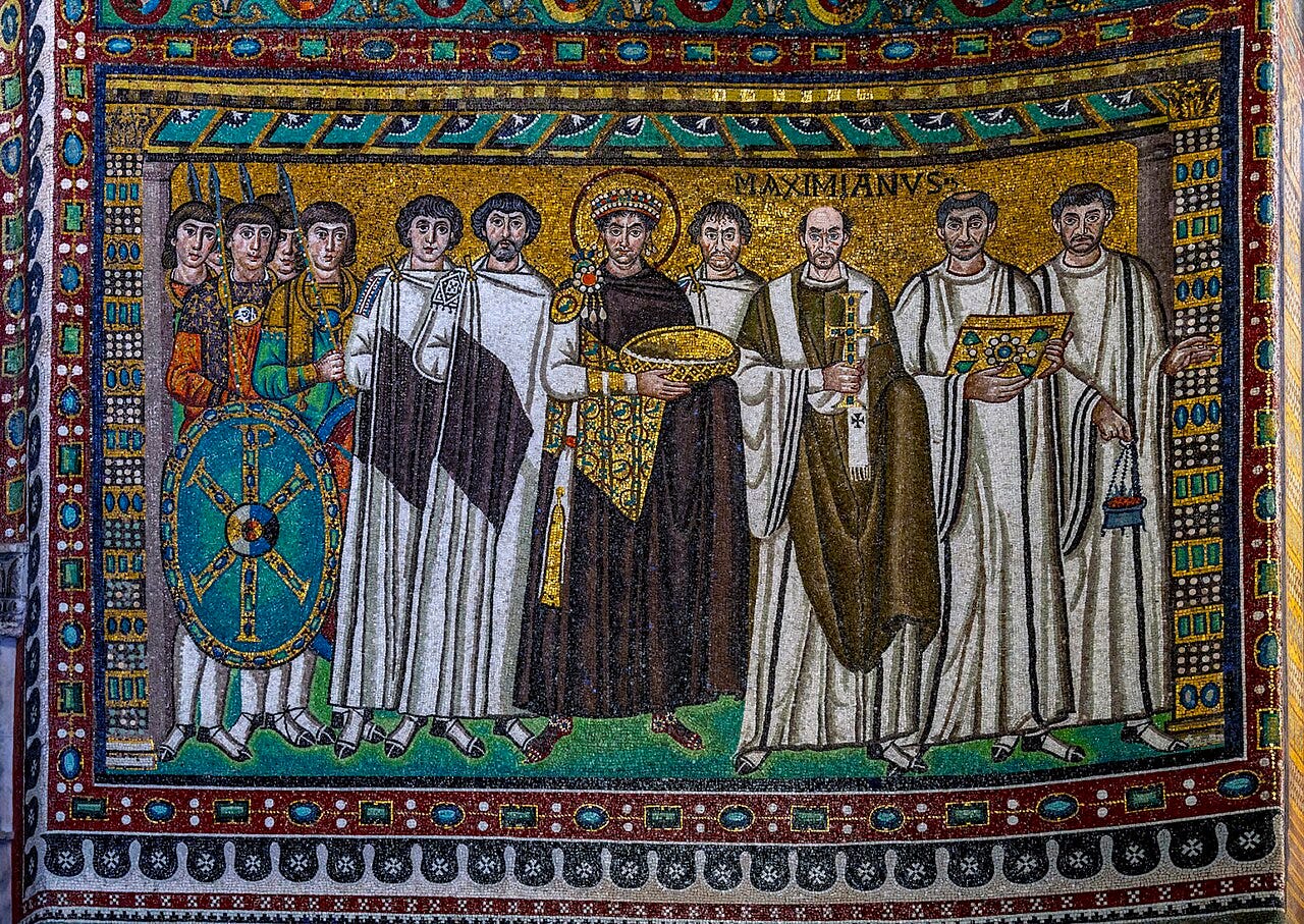 Emperor Justinian and his court, Basilica of San Vitale, Ravenna, sixth century. Emperor Justinian and his court, Basilica of San Vitale, Ravenna, sixth century.