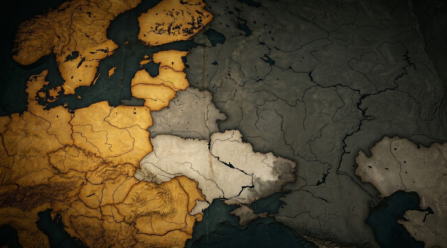 Geopolitische Karte Europas: NATO-Staaten in Goldtönen, Ukraine in Hellgrau zwischen den Blöcken, Russland und Belarus in Dunkelgrau — Visualisierung der strategischen Lage an der NATO-Ostflanke.