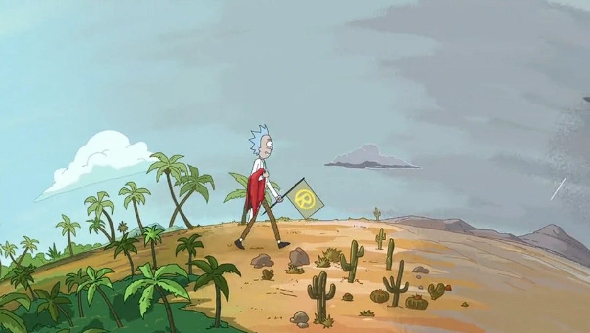 Rick walks across the surface of Tiny Earth carrying a flag, with tropical vegetation on one side and desert terrain on the other, highlighting the miniature planet's compressed geography.