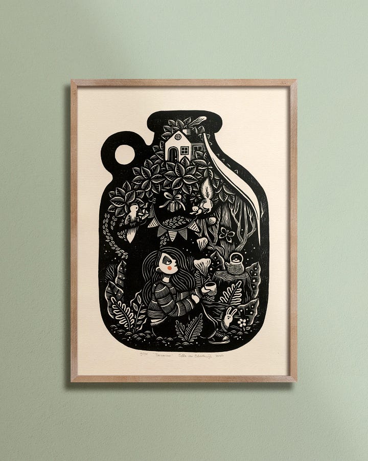 First photo: A woodblock print of a girl, house and flora in a terrarium jar.  Second photo: a dragon flying through trees.   