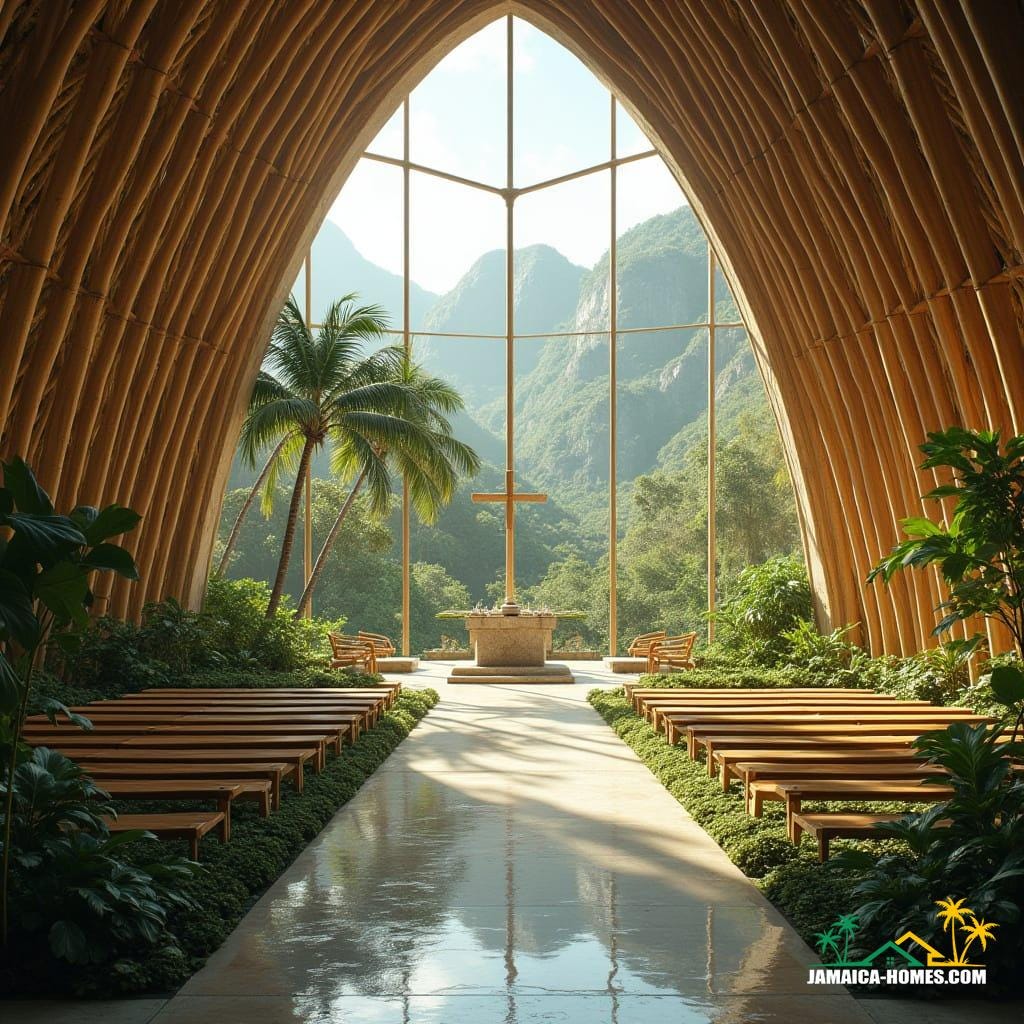A breathtaking eco-conscious church in Jamaica, designed with sustainable materials such as bamboo, reclaimed wood, and natural limestone. The architecture blends modern minimalism with tropical design, featuring open-air walls to allow natural ventilation, a green living roof covered in lush vegetation, and solar panels integrated seamlessly into the structure. Large glass walls frame views of palm trees, mountains, and Caribbean skies, while rainwater harvesting systems and reflection pools symbolize purity and renewal. The altar is illuminated by natural sunlight streaming through skylights, creating a serene and spiritual atmosphere. Ultra-detailed, futuristic eco-design, sustainable architecture masterpiece, cinematic lighting.